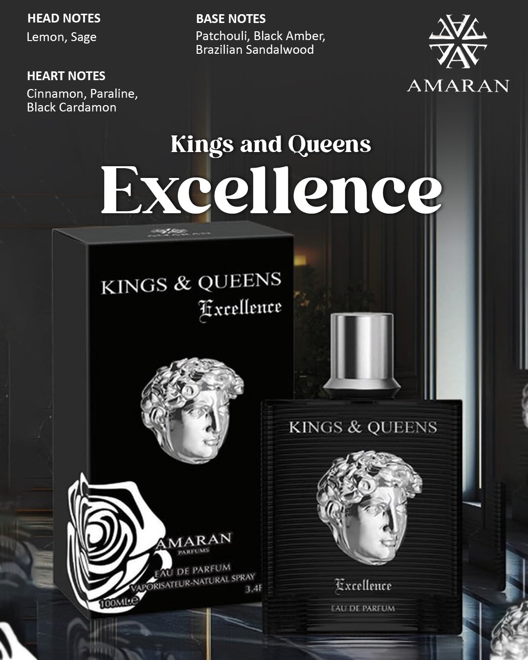 AMARAN KINGS & QUEENS EXCELLENCE EDP SPRAY FOR MEN 3,4oz/100ML