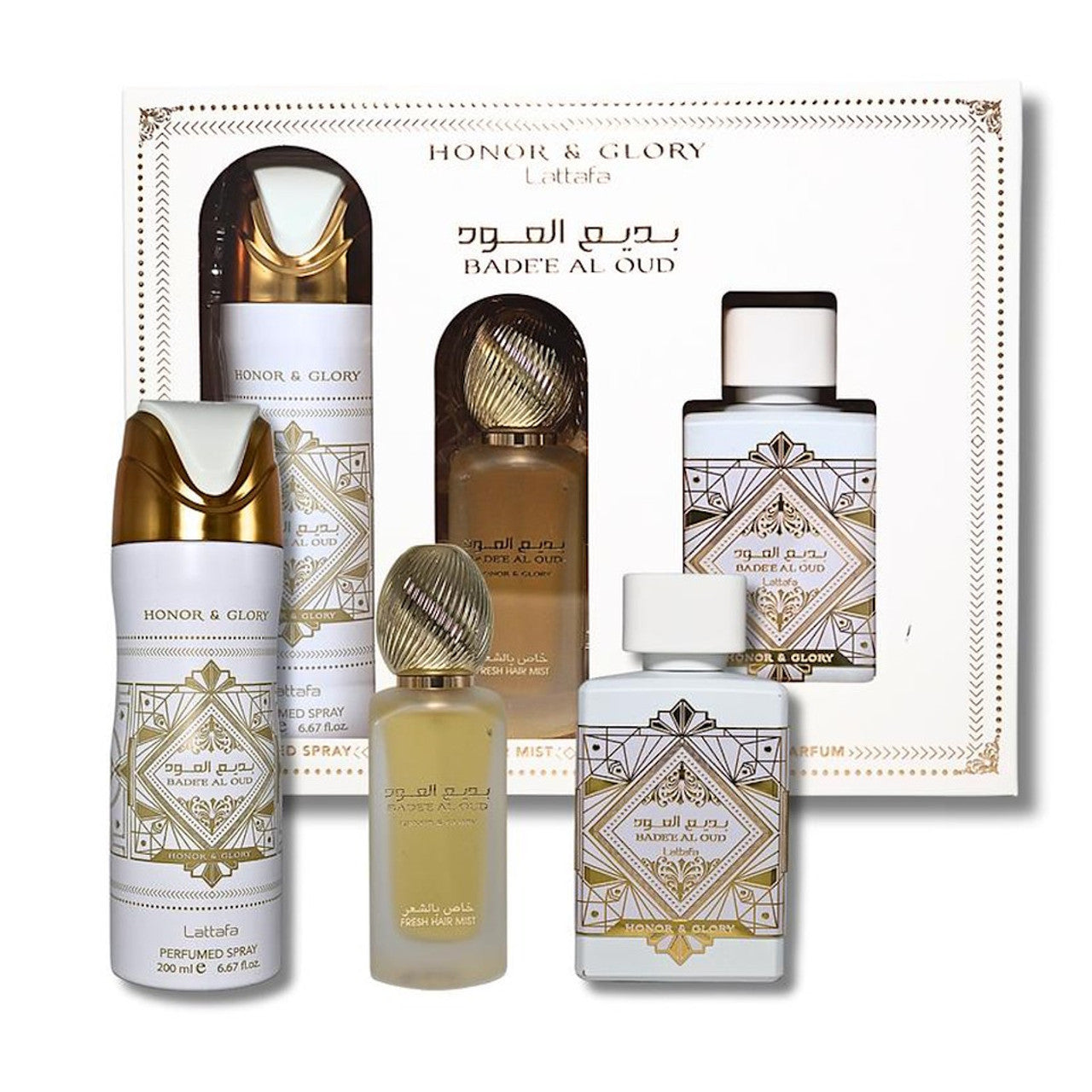 LATTAFA BADEE HONOR & GLORY 3PC SET GIFT 3.4 OZ  EDP SPRAY + 1.7 OZ HAIR MIST +6.7 OZ BODY