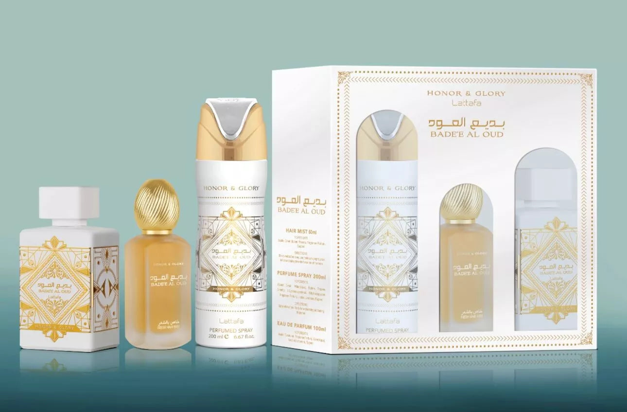 LATTAFA BADEE HONOR & GLORY 3PC SET GIFT 3.4 OZ  EDP SPRAY + 1.7 OZ HAIR MIST +6.7 OZ BODY