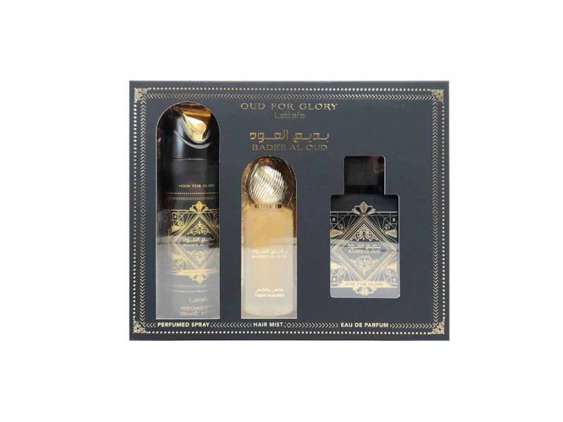 LATTAFA BADEE OUD GLORY 3PC GIFT SET WITH 100ML EDP + 200ML DEO + 50ML HAIRMIST