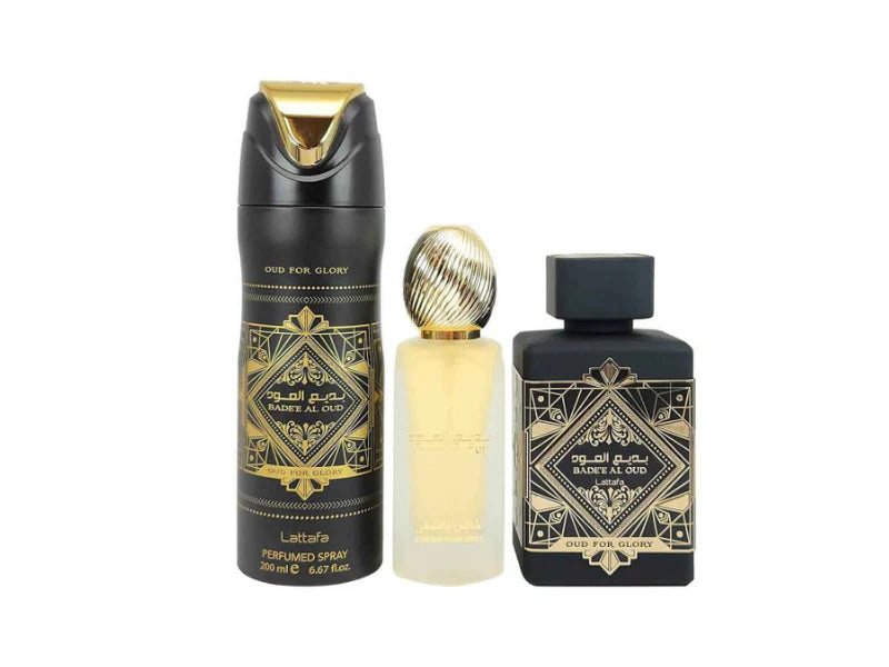 LATTAFA BADEE OUD GLORY 3PC GIFT SET WITH 100ML EDP + 200ML DEO + 50ML HAIRMIST